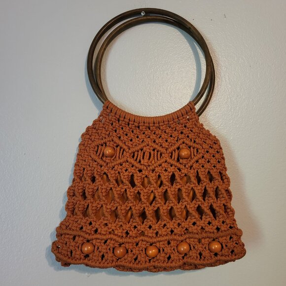 Vintage Orange Rust Beaded Macrame Purse Faux 9-inch round handles nylon lined - Picture 1 of 5